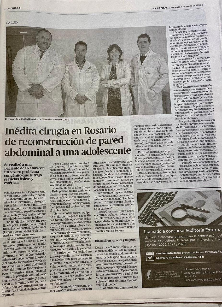 Nota Diario La Capital URDA - Andrés Pérez Grassano - Diástasis Abdominal